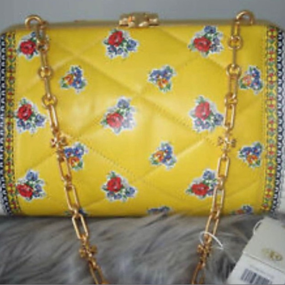 TORY BURCH CLEO QUILTED FLORAL YELLOW TEA ROSE CHAIN BAG.